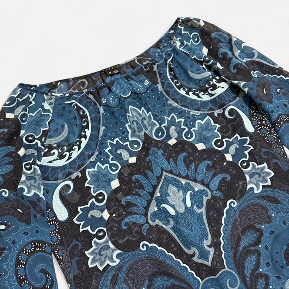 Theory Blue & Black Sheer 100% Silk Boho Paisley Pattern Long Sleeve Top M - Picture 7 of 8